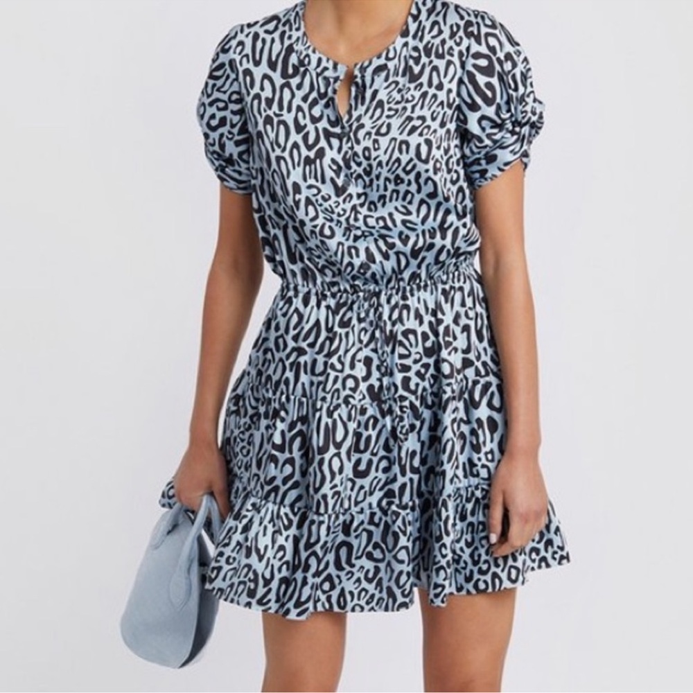Rebecca Minkoff Aston Blue Black Leopard Mini Dress Size XS Drawstring Waist